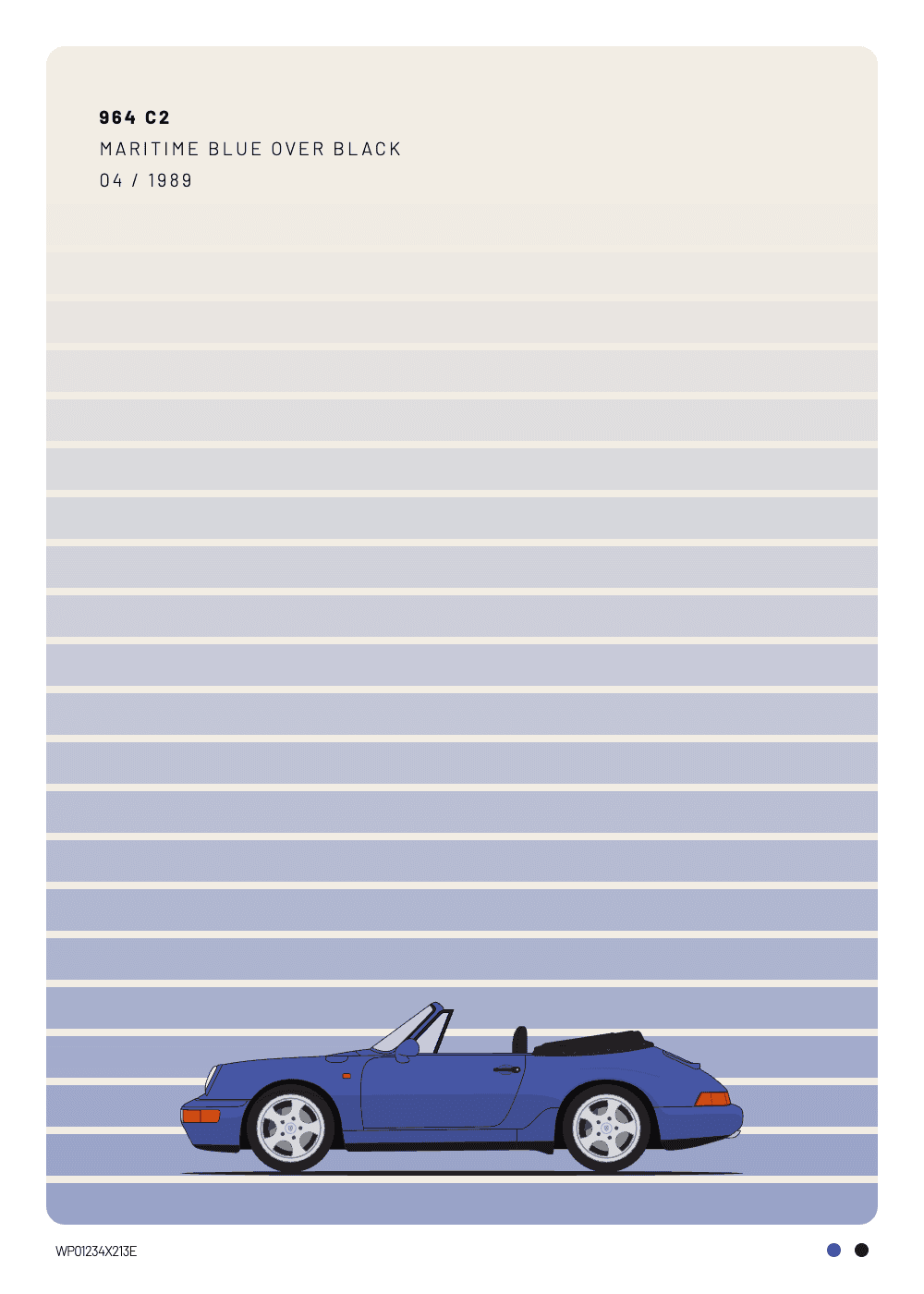 Personalized Porsche 964 Cabriolet poster in Maritime Blue, Paint Sample style — Heckblick Fine Prints