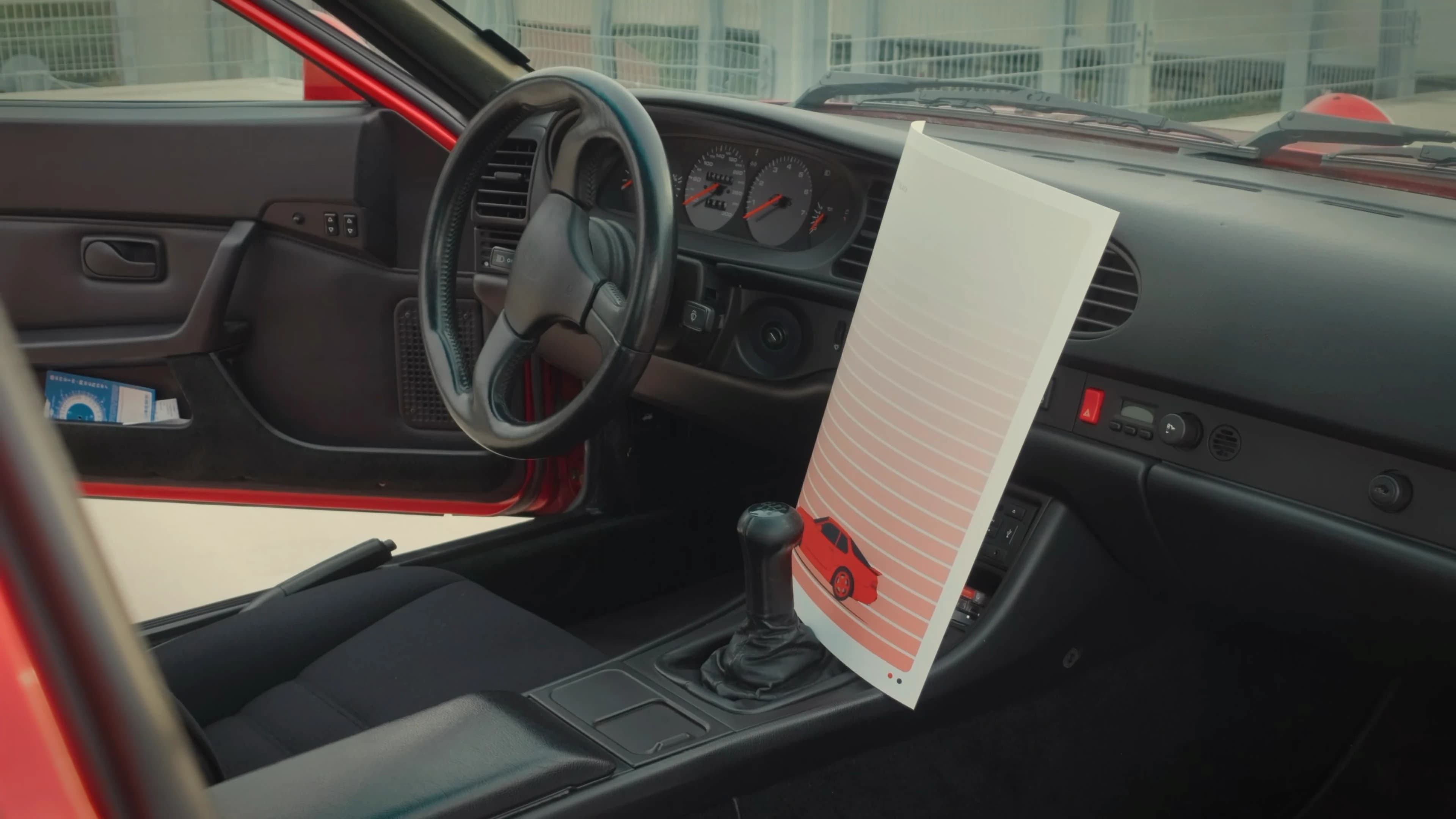 Paint Sample poster of a Porsche 968 CS standing in the car it belongs to