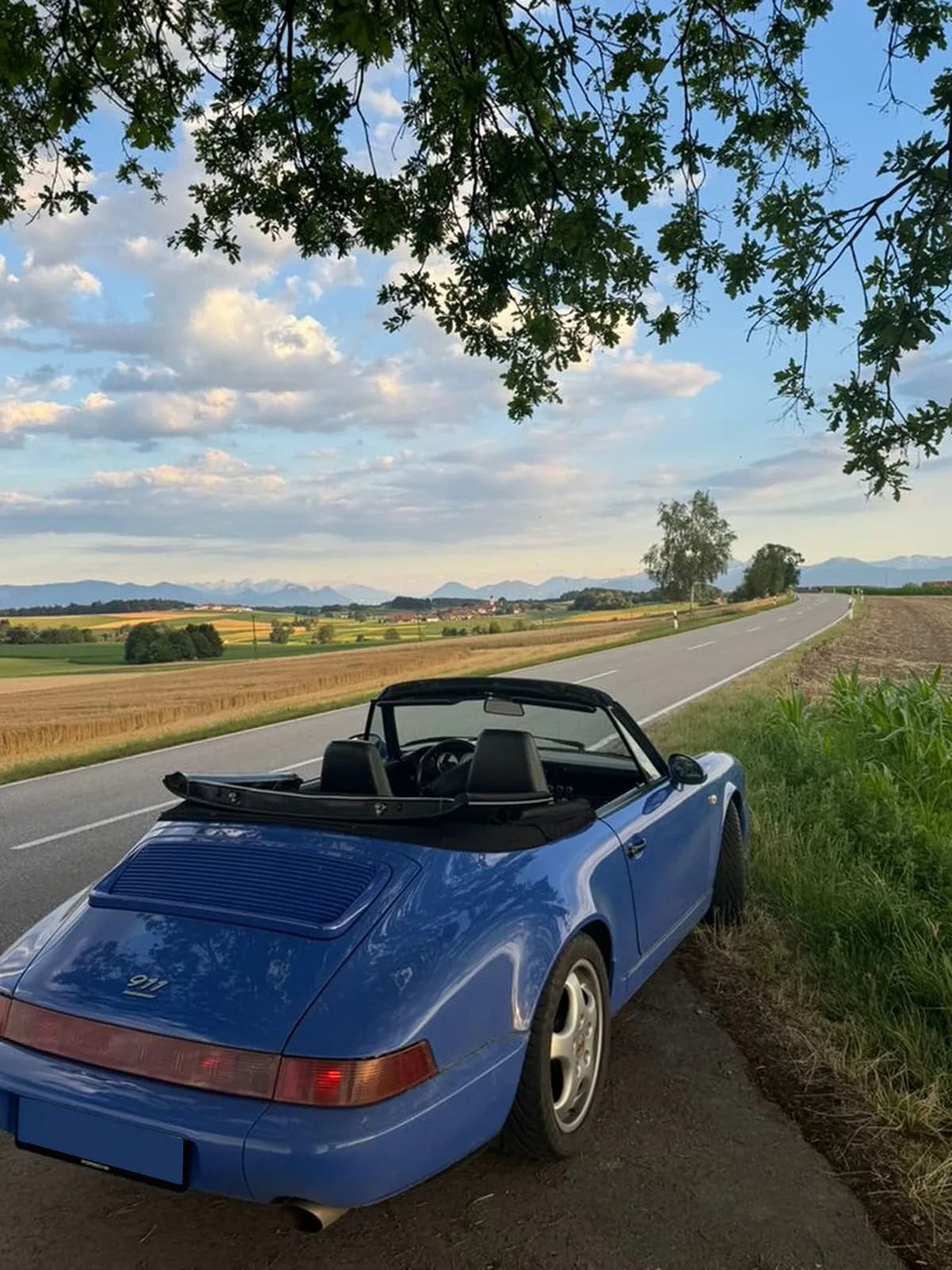 The 964 Cabriolet parked by a country road with the Alps on the horizon